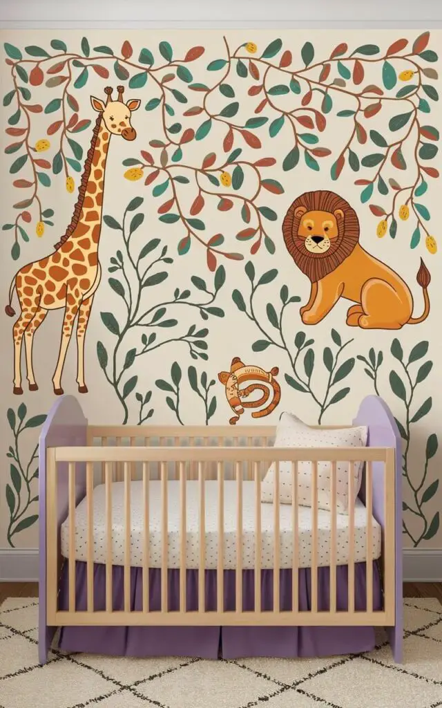 A safari nursery theme where removable wall decals bring the wild indoors. Playful giraffes, lions, and leafy vines climb across the walls in a colorful, charming display. Beneath them rests a very cozy nursery cot purple bed with a wooden frame and cream bedding. The decals are easy to update and make the space instantly fun.
