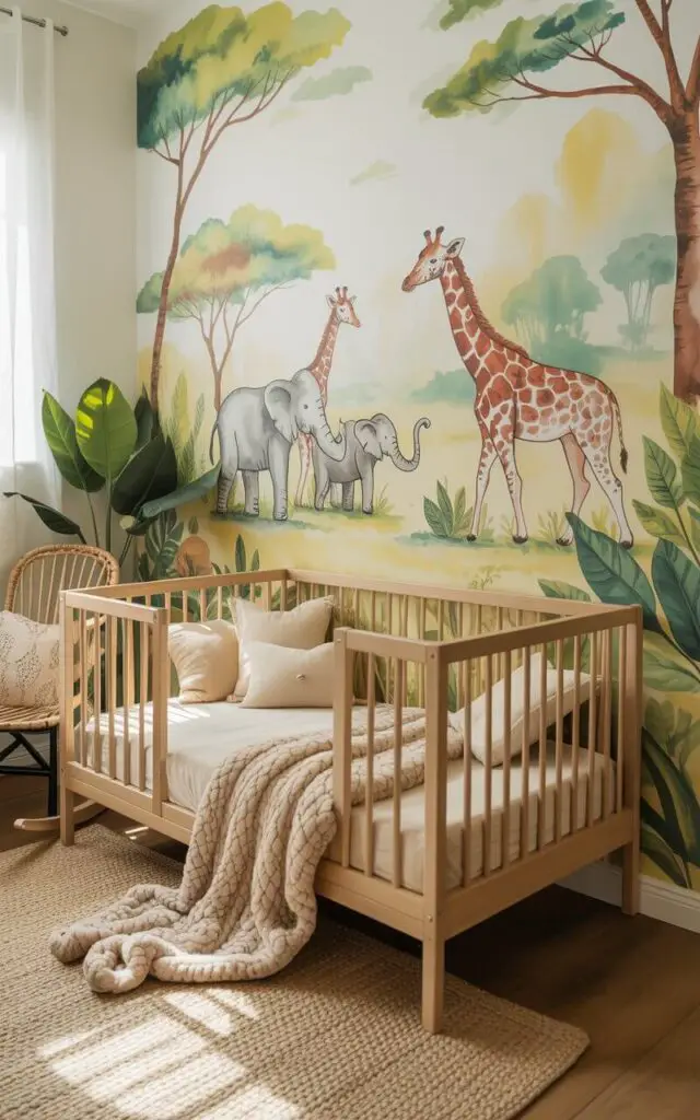 A photograph of a cozy nursery featuring a natural wood cot bed as the central focus. The bed is adorned with soft, cream-colored linens and a plush, textured throw blanket, positioned neatly in front of a sprawling safari-themed mural.  The mural depicts gentle watercolor giraffes, elephants, and lush trees against a backdrop of pale yellow and green hues, complemented by leafy green accents and a rattan rocking chair in the periphery.  Soft, diffused sunlight streams through a nearby window, bathing the nursery in a warm and inviting glow.