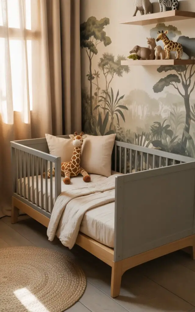 A photograph showcasing a cozy gray nursery cot bed nestled against a feature wall adorned with a muted jungle wallpaper. The cot bed has a light oak frame and is dressed with soft cream bedding, accented by a plush giraffe toy resting gently on the pillows. A woven rug lies on the wooden floor, and floating wooden shelves display various safari animals. Soft, diffused sunlight streams through a nearby window, creating a serene and inviting atmosphere within the gently decorated room.