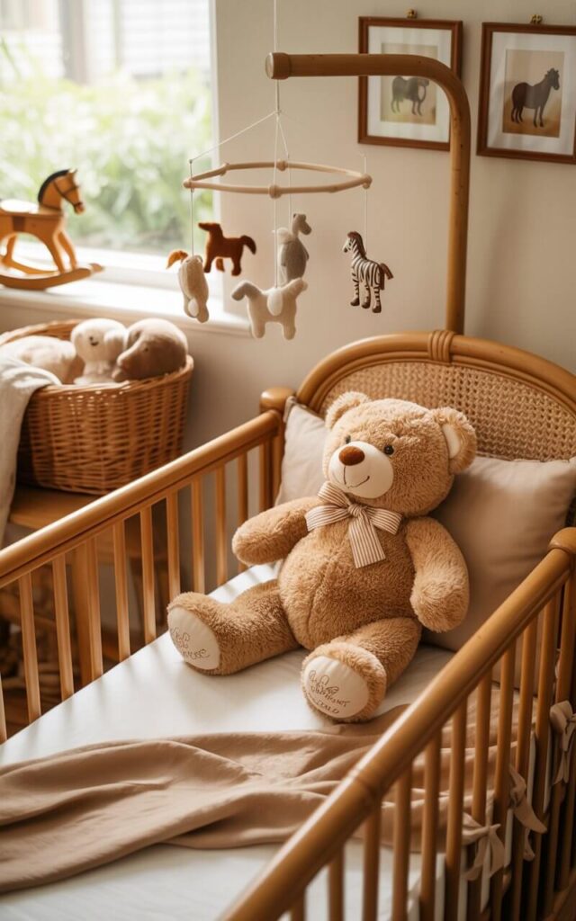 A photograph of a cozy nursery centered on a honey oak crib with rattan side panels, styled with soft beige bedding. A plush, oversized teddy bear with a hand-stitched bow rests on the bedding, and a mobile featuring felt safari animals hangs gently above the crib. To the side, a woven basket filled with soft blankets and a vintage wooden rocking horse sits near a window where dappled sunlight streams in, illuminating framed safari artwork on the wall. Warm, inviting lighting and earthy textures create a tranquil and timeless atmosphere.
