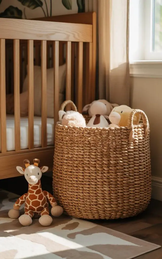 A photograph of a cozy nursery corner featuring a woven seagrass basket filled with plush toys. The basket is a light tan color with tightly woven strands and sits beside a crib with oak wood slats, showcasing the natural grain of the wood. Soft, dappled light filters in through a window, illuminating a plush giraffe toy resting gently near the crib and casting a warm glow on a neutral area rug. Leafy wall art adds a touch of nature to the scene, creating a serene and inviting atmosphere.