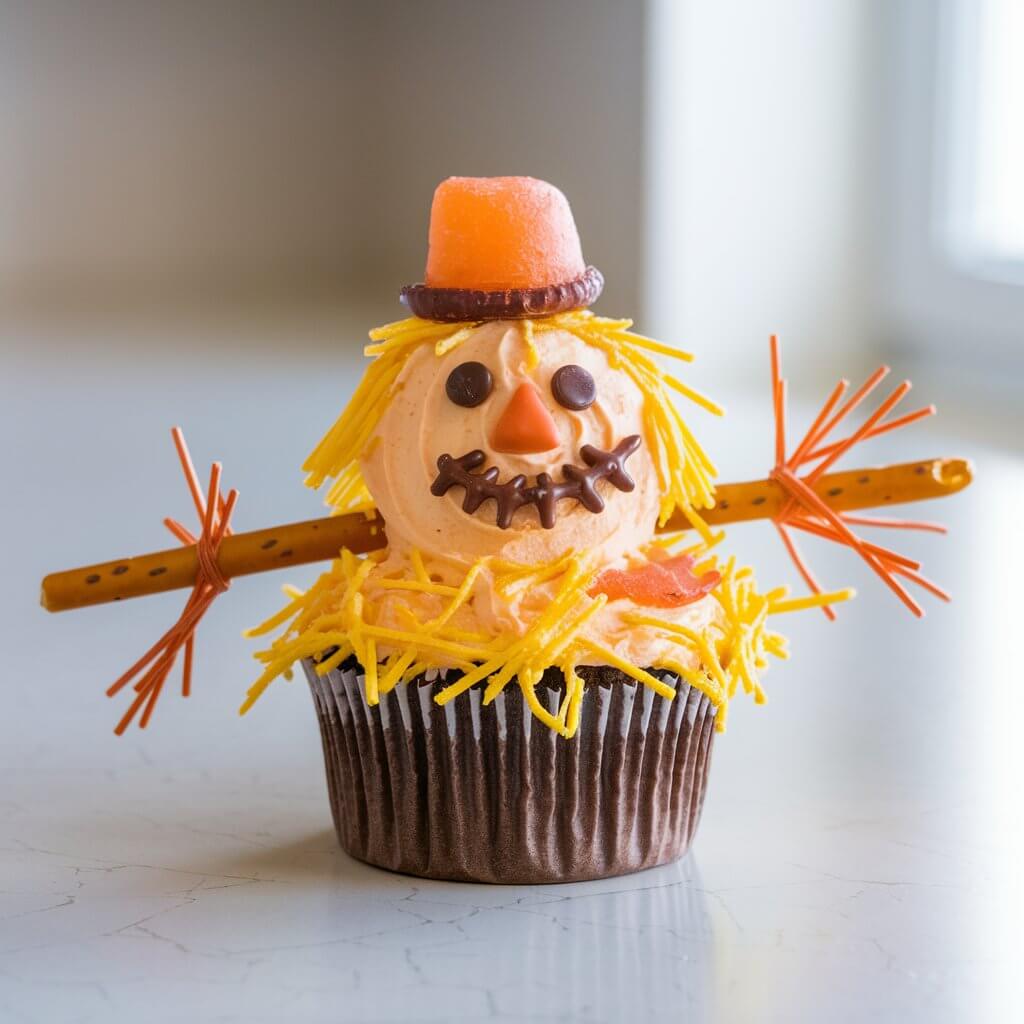 A photo of charming Halloween cupcakes inspired by rustic scarecrows. Each cupcake has a base of orange or yellow frosting, decorated with shredded coconut dyed yellow to resemble straw. Pretzel sticks form "arms," and candy pieces create cheerful little faces. A small candy hat crowns the top. Natural light brings out the warm autumn colors and textures. Arranged on a bright plain white kitchen countertop, the cupcakes feel festive, welcoming, and perfect for fall gatherings.