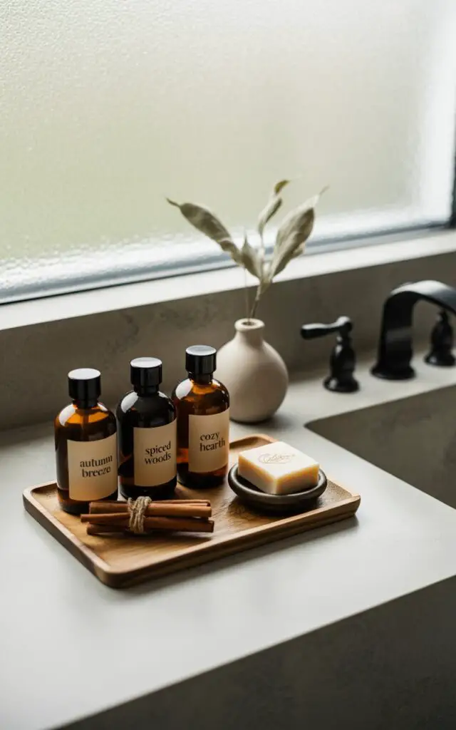 A photograph of a meticulously styled bathroom countertop, showcasing a minimalist aesthetic. A rectangular wooden tray holds three amber glass bottles labeled in an elegant sans-serif font with "Autumn Breeze" "Spiced Woods" and "Cozy Hearth" written on each; next to them a small dish of natural bar soap and a tied bundle of cinnamon sticks add warmth. The stone countertop is sleek and cool, complemented by matte black fixtures, while soft, natural light filters through a frosted glass window, subtly illuminating the scene. A simple white ceramic vase with a single dried leaf rests gently in the background, adding a touch of understated seasonal charm.