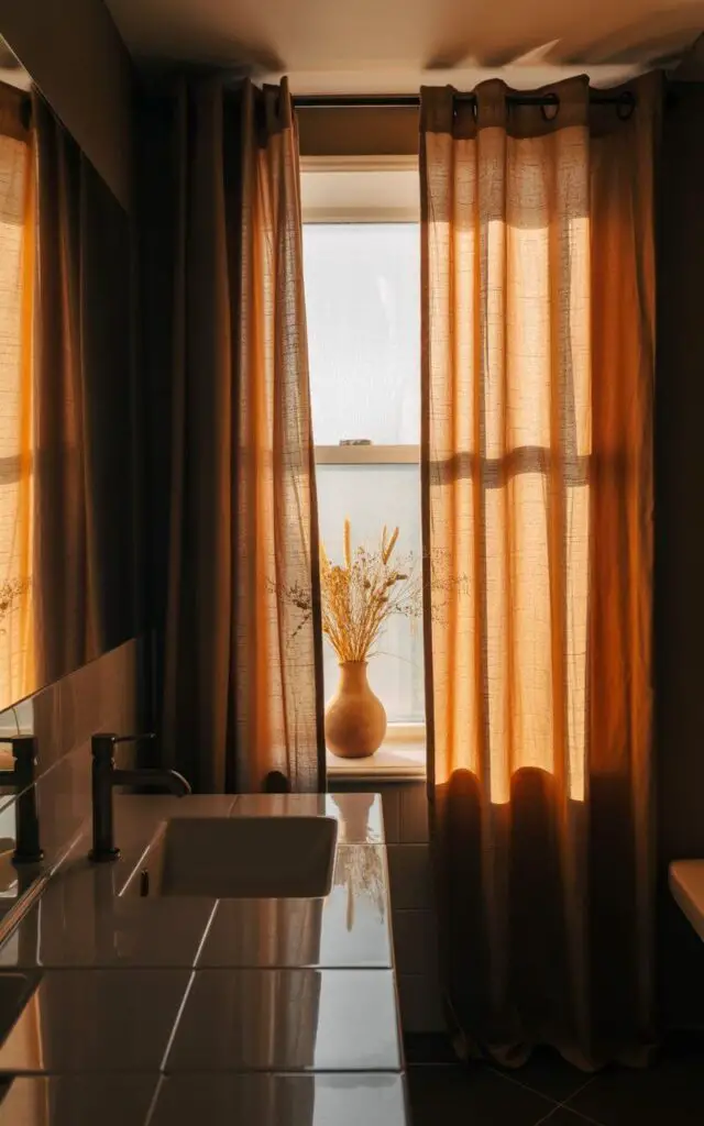 A photograph of a minimalist bathroom bathed in the warm glow of late afternoon light. A single window showcases caramel-colored linen curtains that softly diffuse the light, framing a small ceramic vase holding dried wheat stems. The bathroom features matte black fixtures and a clean white sink, while the floor is covered in large gray tiles reflecting the soft light. The overall scene evokes a sense of quiet luxury and seasonal warmth, creating a private and serene sanctuary.