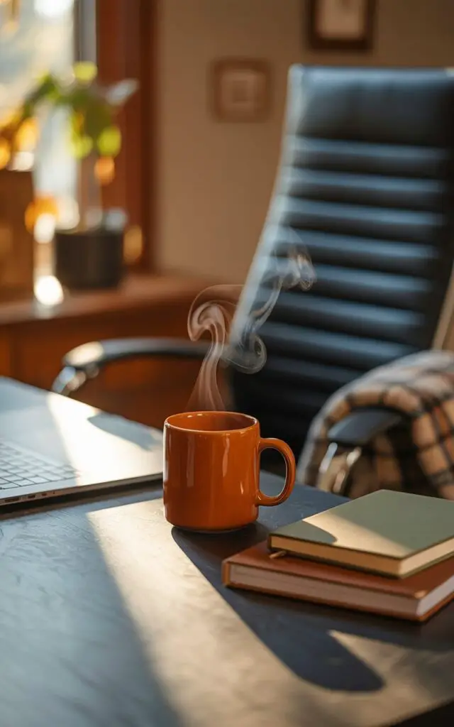 A photograph of a burnt orange ceramic mug sitting on a sleek, modern desk in a cozy fall office. The mug emits a gentle swirl of steam, hinting at a warm beverage within, while a partially open laptop and a neatly stacked pile of notebooks with muted green and brown covers are placed beside it. Soft golden sunlight streams through a nearby window, illuminating the rich wood grain of the desk and the plush plaid throw draped casually over the ergonomic office chair. The scene evokes a sense of quiet productivity and autumnal warmth, creating a visually inviting atmosphere.