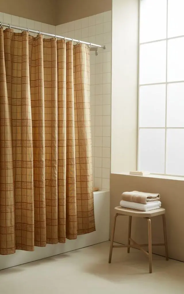 A photograph of a minimalist bathroom transformed by a new shower curtain. The curtain features a muted plaid pattern in rust, mustard, and cream tones, elegantly draped over a white shower rod, contrasting with the crisp white tiles. A simple floating vanity with a sleek wooden stool holding neatly folded white towels sits beneath a large window, letting in diffused morning light. Soft, warm light illuminates the scene, highlighting the interplay of textures and colors, demonstrating how a single textile can define the room’s seasonal personality.