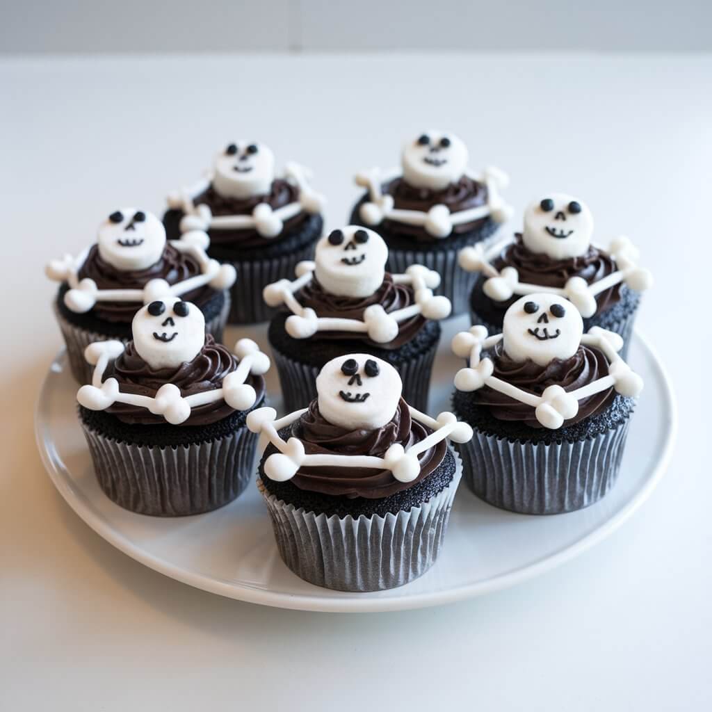 A Halloween cupcake decorating contest with a spooky skeleton theme. Each cupcake is topped with dark chocolate frosting and piped with thin white icing bones arranged across the top. Some cupcakes feature round marshmallow "skulls" with dotted eyes and smiles. The sharp white piping lines stand out clearly under natural light against the dark background. The cupcakes are positioned together on a white plate placed on a bright plain white kitchen countertop. The skeleton cupcakes balance spooky and playful, resembling edible Halloween doodles.