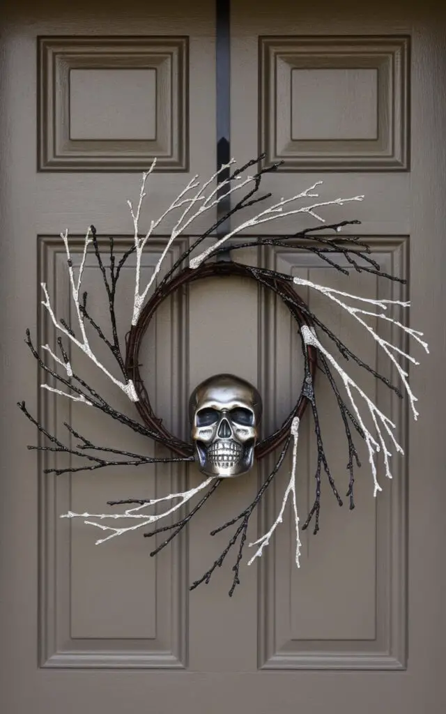A Halloween wreath mounted on a matte taupe door with no additional décor for a minimalist effect. The wreath features a circular arrangement of thin, hand-painted metallic branches in brushed silver and dark graphite tones. At the base sits a realistically sculpted metallic skull with faint patina details, positioned off-center for asymmetrical elegance. The wreath is well designed and strategically spaces the branches to create an airy form while maintaining structural integrity. Gentle uplighting emphasizes the subtle shimmer of the metallic surfaces and casts delicate shadows, enhancing the skeletal mood without visual overload.