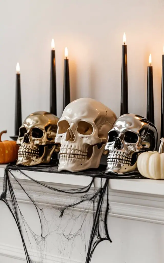 A stylish Halloween mantel display featuring an elegant arrangement of skulls in varying sizes and metallic finishes against a clean, minimalist backdrop. A prominent realistic white skull serves as the centerpiece, flanked by two smaller skulls with brushed bronze and antique silver finishes that reflect the warm glow of tall black taper candles. Delicate cobwebs are artfully draped around the base of the arrangement, while a few carefully placed orange and cream pumpkins provide visual balance without overwhelming the composition. The overall design maintains a sophisticated aesthetic with clean lines and intentional spacing, creating an atmosphere that is both eerily captivating and elegantly refined.