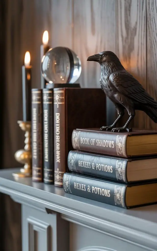 A photograph of a meticulously styled mantelpiece designed as a witch’s library, the focal point being a gleaming crystal ball resting on top. The mantel is adorned with several antique-looking faux spell books in distressed leather covers, displaying titles like "Book of Shadows" and "Hexes & Potions" in elegant gold lettering, alongside two slender black tapered candles. Soft, diffused light illuminates the scene, casting subtle shadows across the arrangement and highlighting the raven figurine perched atop the highest book, its dark eyes fixed in a watchful gaze. The background is a blurred, dark wood-paneled wall, enhancing the mantel’s intentionally mysterious and artfully balanced presentation.