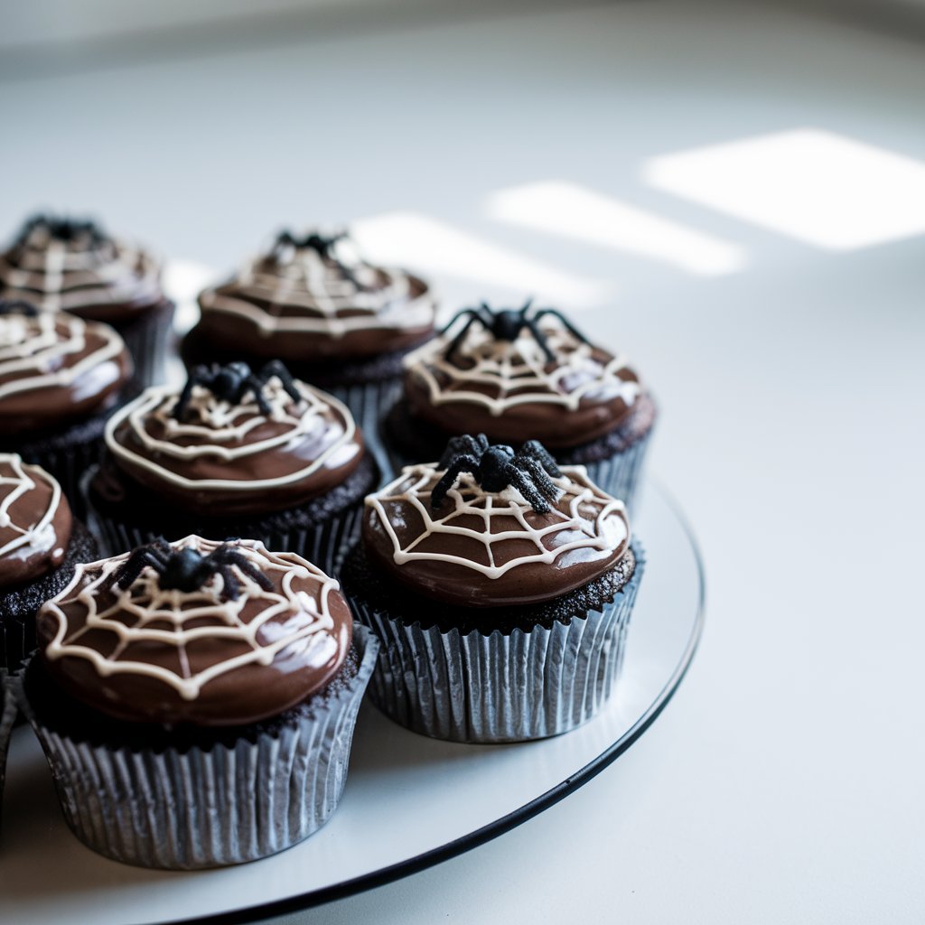 A close-up shot of Halloween cupcakes frosted in glossy chocolate icing. Each cupcake is decorated with thin white icing lines drawn in concentric circles and carefully dragged with a toothpick to create realistic spider web patterns. Small black gummy spiders are perched on top of a few cupcakes for added creepiness. The rich brown frosting gleams under natural light, which casts gentle shadows across the swirled webs. The cupcakes are evenly arranged on a plain white flat plate placed on a bright plain white kitchen countertop, their deep, dark tones dramatically standing out against the pristine background.