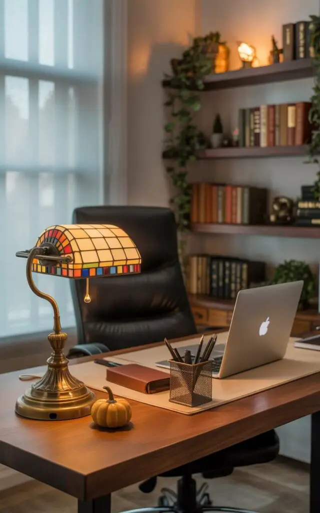 A photograph of a modern office featuring a vintage brass desk lamp with a stained-glass shade illuminating a meticulously organized workspace. The lamp’s warm glow highlights a sleek silver laptop, a bronze stationery set, and a small ceramic pumpkin arranged on a beautifully designed wooden desk accompanied by a comfortable ergonomic chair. Behind the desk, shelves crafted from earthy-toned wood display a curated selection of books and plants, creating a cozy autumnal atmosphere. Soft, diffused light streams through a nearby window, gently illuminating the "Fall" decor and accentuating the room’s sophisticated yet inviting ambiance.