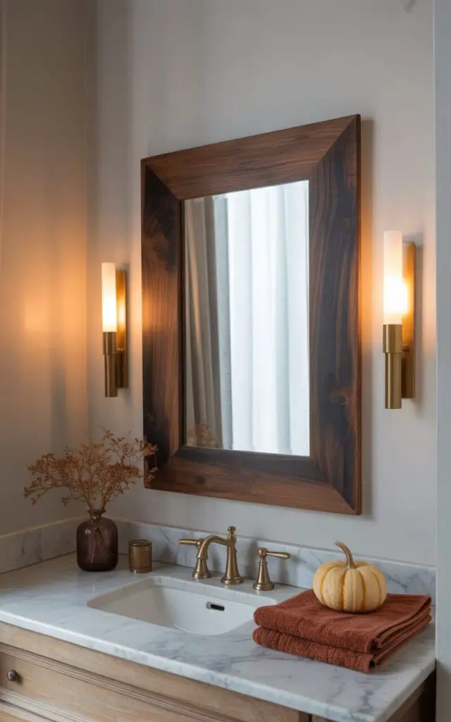 A photograph of a minimalist bathroom bathed in soft, natural light, showcasing a statement mirror as the central focus. The mirror boasts a wide, rustic wood frame in a rich dark walnut, elegantly positioned above a crisp white porcelain sink and flanked by sleek brass sconces that emit a warm glow. Beneath the mirror sits a marble vanity adorned with neatly folded terracotta towels and a small, subtly carved pumpkin, adding a touch of autumnal charm, while the walls are painted a calming pale grey. The scene evokes a sense of grounded style and peaceful sophistication.