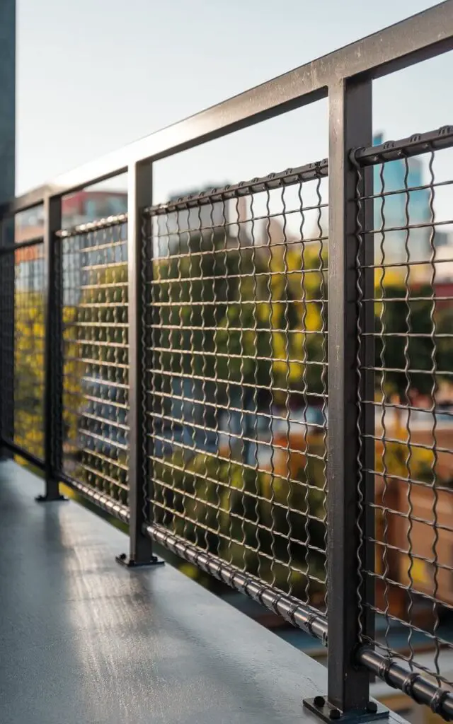 A photo of a balcony railing with an industrial flair, made from tightly woven steel mesh. The railing is set against a backdrop of a cityscape with buildings and trees. The railing is tensioned within a matte black frame, with welded steel posts securing the grid. The flooring is polished concrete. Sunlight reflects off the metallic strands, creating a shimmer effect.
