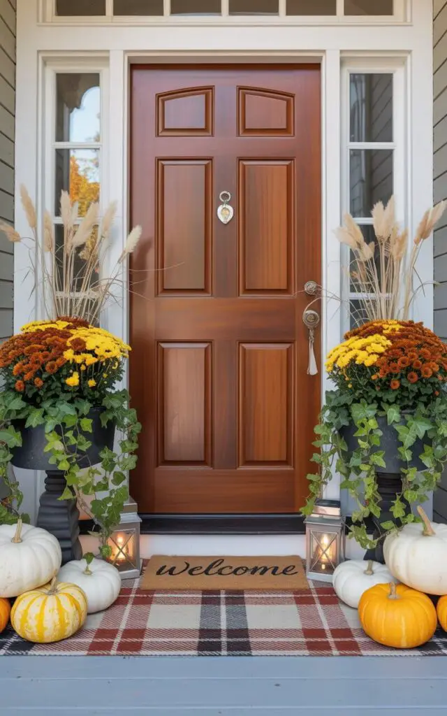 A photograph of a charming front porch perfectly embodying the essence of Autumn. A rich mahogany door with a gleaming nickel key lock stands centered, framed by two identical planters filled with vibrant golden mums, ornamental grasses, and cascading ivy. Soft white and classic orange pumpkins rest symmetrically at the planters' bases, complemented by a muted plaid rug layered beneath a "Welcome" mat and two evenly placed lanterns casting a warm glow. The scene is bathed in soft, diffused sunlight, creating a polished and harmonious atmosphere that invites viewers to step inside.