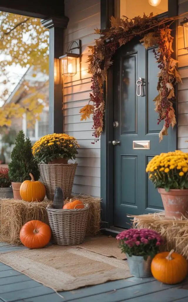 A photograph of a beautifully designed front porch bathed in the warm light of a late autumn afternoon. The focal point is a dark teal door, distinguished by a sleek nickel key lock and elegantly framed by a cascade of natural textures including dried leaves and berries. A textured jute rug anchors the space, complemented by burlap runners artfully arranged on hay bales, with woven wicker baskets overflowing with vibrant orange pumpkins and cheerful potted mums in terracotta and antique metal planters. Soft lanterns glow warmly, creating a cozy and inviting atmosphere against a backdrop of a gently blurred, leafy street.
