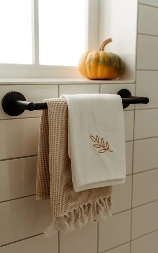 A photograph of a minimalist bathroom showcasing the essence of autumnal comfort. A black towel bar displays layered hand towels: a waffle-weave towel, a fringed beige towel, and a crisp white towel embroidered with a subtle "leaf" motif.  The towels rest against a backdrop of clean white tiles, while a small, weathered pumpkin sits on a nearby shelf, gently reflecting the ambient light. Soft, diffused natural light streams through a nearby window, creating a warm and inviting atmosphere.