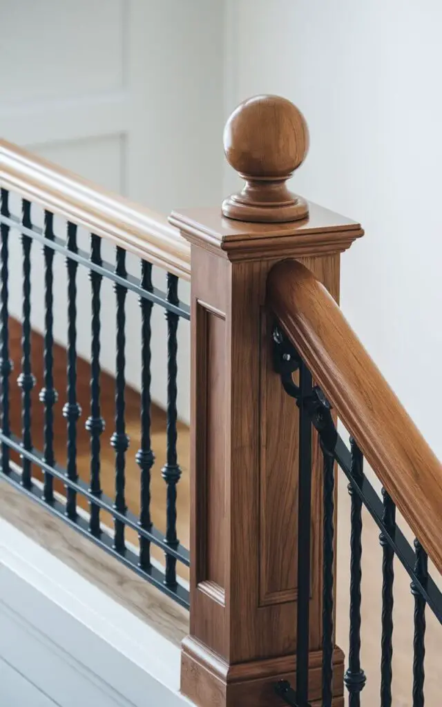 A photo of a balcony railing with a classic structure. The railing has a wooden top rail that contrasts with the matte black steel balusters. The top rail is smoothly rounded and polished, providing a comfortable grip. The joints are expertly mitered, hiding any seams, and the brackets are recessed for a seamless finish. The minimalist frame allows the top rail to shine as the decorative highlight. Light grazes the wood, revealing its grain and glossy finish. The railing provides warmth, sophistication, and a tactile upgrade that elevates the entire design.