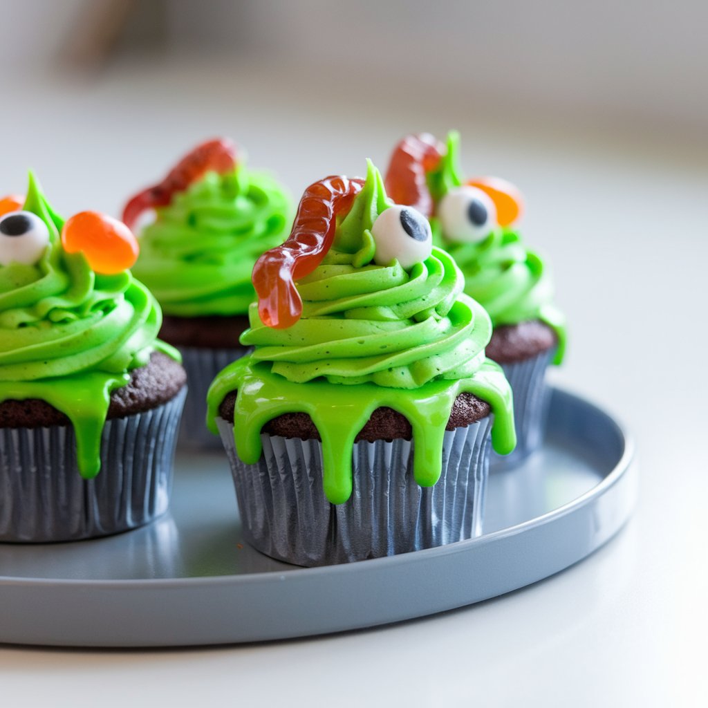 A photo of a gray tray with a few Halloween cupcakes. Each cupcake is topped with a swirl of neon green frosting that drips deliberately over the edges, creating the appearance of slimy goo. Sitting on the frosting are candy worms and gummy eyeballs, adding to the "toxic" theme. The glossy green frosting glistens vividly in natural light. The cupcakes are set on a bright plain white kitchen countertop. The overall image is playful and perfect for kids who love the gross-out fun of Halloween.