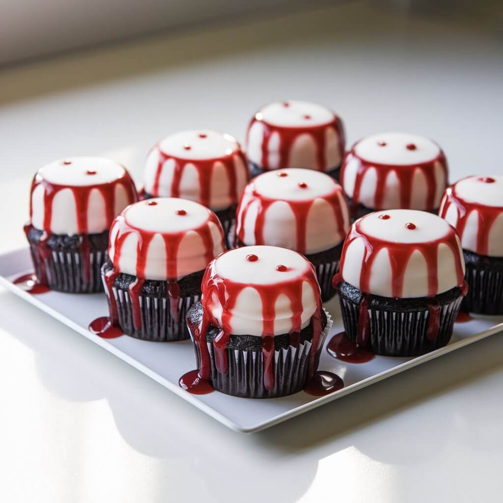 A photo of Halloween cupcakes designed to resemble fresh vampire bites. Each cupcake is frosted with smooth white icing and has two small puncture marks piped on top using dark gel. Glossy red syrup drips dramatically down the sides, imitating blood. Some cupcakes reveal a hidden cherry jam center that oozes slightly. The syrup glistens in natural light, heightening the eerie effect. The cupcakes are arranged neatly on a white tray placed on a bright plain white kitchen countertop. The stark contrast between white frosting and vivid red makes these cupcakes strikingly dramatic.