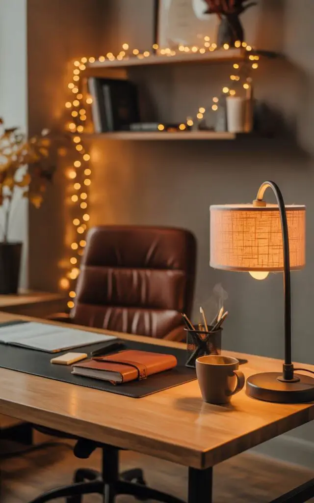 A photograph of a cozy office scene bathed in warm, autumnal light. A meticulously designed wooden desk and a comfortable chair are the central focus, with a stylish fabric-shade desk lamp casting a soft, golden glow across the table's surface. A leather-bound notebook, a sleek pen holder, and a steaming ceramic coffee cup rest neatly on the desk, while delicate string lights adorn a nearby floating shelf, adding subtle sparkle. The room exudes a calm, productive atmosphere, accented by the rich, warm tones and inviting ambiance of a fall day.