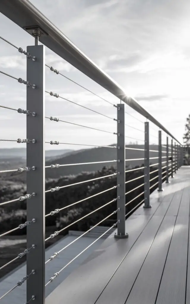 A balcony railing made of taut stainless-steel wires stretched horizontally across slim posts. The marine-grade hardware ensures durability, and turnbuckles are recessed into the posts. The tension is perfectly balanced across each wire. The railing is nearly invisible at first glance, with only the gleam of sunlight betraying its presence. The posts are slim and matte-finished aluminum, anchored cleanly into the decking. The sweeping landscape beyond remains unobstructed, emphasizing the design's purpose. The result is a secure and airy solution for those who value both safety and views.