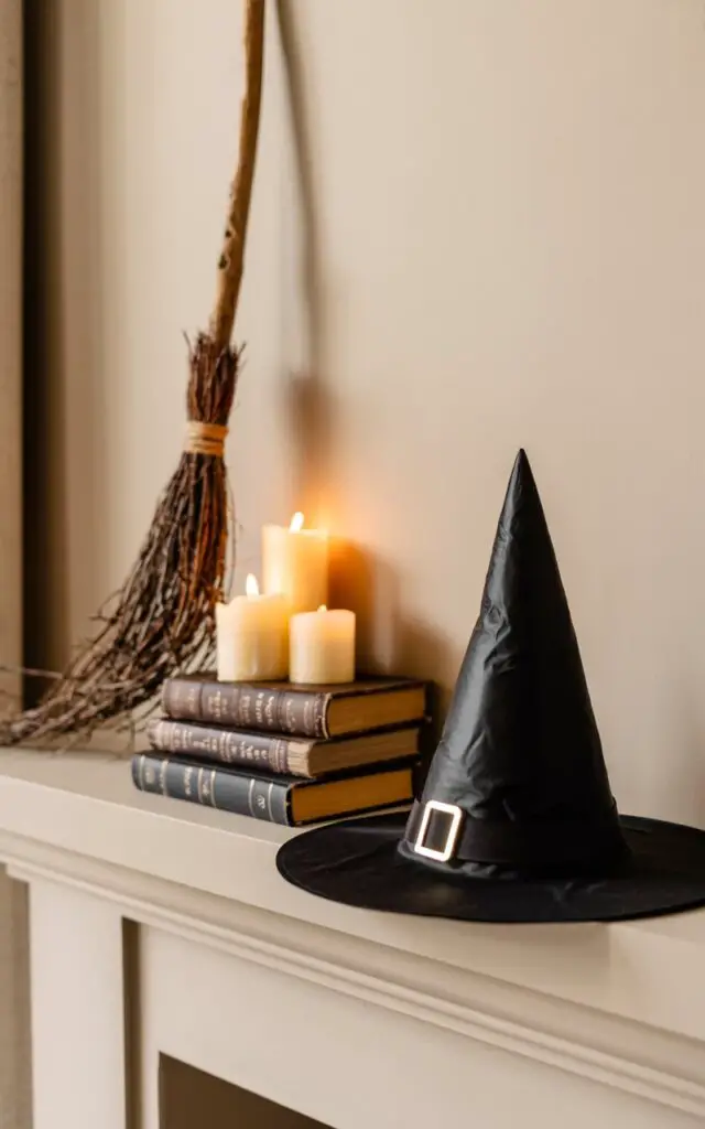 A stylish Halloween mantel display featuring a classic black pointed witch's hat casually placed at one end, creating an instantly magical focal point. At the center, a carefully curated stack of aged faux spell books with worn leather covers and mysterious titles sits alongside a rustic wooden broom leaning gracefully against the cream-colored wall. A small cluster of ivory pillar candles of varying heights glows warmly nearby, casting a soft amber light that dances across the mantel's surface. The arrangement is set against a cozy living room backdrop with warm neutral tones, achieving the perfect balance of whimsical Halloween charm and elegant minimalist design that feels both enchanting and family-friendly.