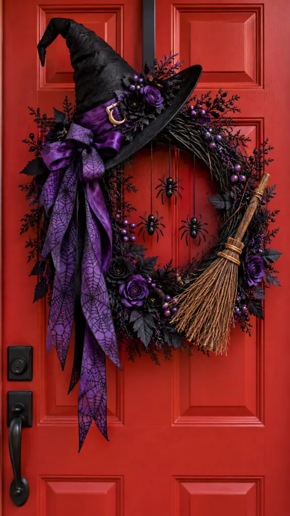 Witchy Halloween Wreath on Red Door