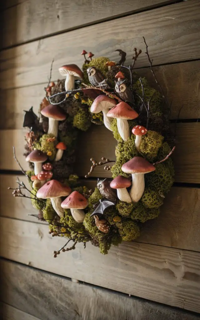 A whimsical Halloween wreath with a woodland twist, staged on a raw wood plank wall. The wreath has a base of faux moss, with sculpted mushrooms in muted browns and reds nestled in clusters. Tiny creatures like owls, bats, and spiders hide subtly among twigs and leaves. The wreath is well-designed, balancing earthy colors with negative space, ensuring each detail is visible and not overcrowded. Side lighting highlights the organic textures of the moss and mushrooms, while shadows create depth without overpowering the gentle forest theme.