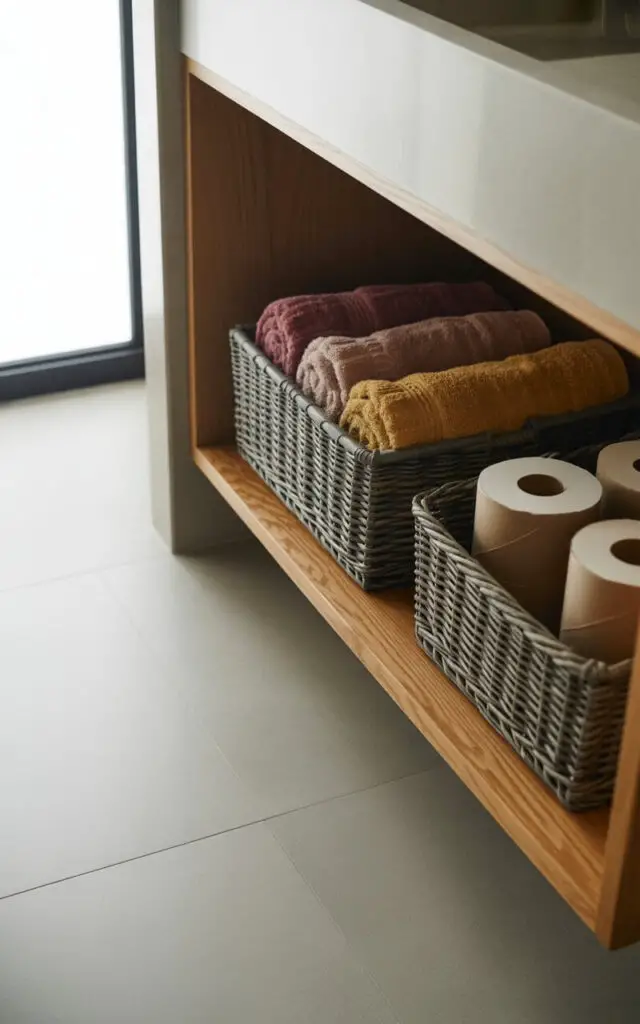 A photograph of a minimalist bathroom showcasing a floating vanity with woven baskets underneath. The vanity is crafted from light oak wood, while the baskets are dark gray and neatly arranged; one holds tightly rolled towels in burgundy and mustard hues, the other displaying kraft paper-wrapped toilet paper rolls. The smooth, large-format gray tile floor reflects the natural light streaming in from a nearby window, highlighting the clean white walls and subtle texture of the woven baskets. Soft, diffused light illuminates the scene, creating a calming and stylish atmosphere.