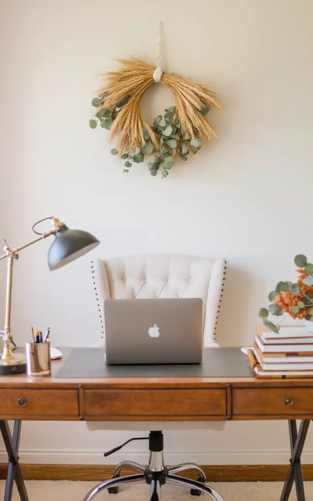 A cheerful Fall office with a small wheat-and-eucalyptus wreath hanging neatly above a very well-designed office table and chair. The wreath's golden tones complement the wooden accents of the desk, which is styled with an elegant desk lamp and neatly stacked stationery. A laptop rests in the center of the office table, surrounded by minimal clutter, keeping the space functional yet stylish. The walls are painted a soft neutral shade, creating a warm backdrop. The well-decorated space feels seasonal but not overwhelming, with the wreath offering a subtle autumnal nod that instantly enhances the office's personality.