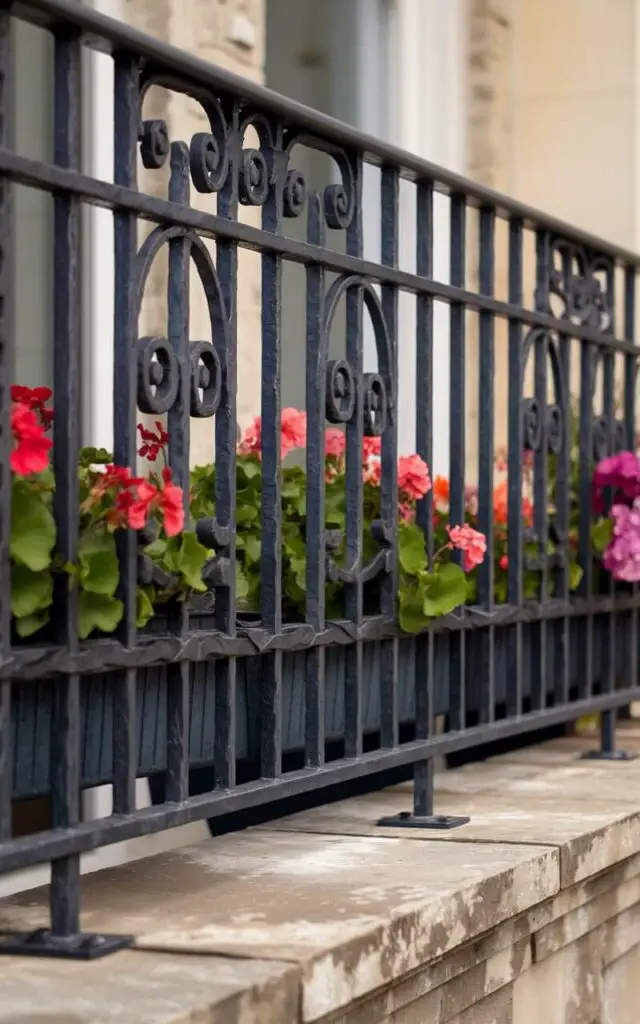 A photo of a balcony railing made of aged wrought iron. The railing has scrolls and sturdy vertical posts. The railing has a deep matte black finish with a faint patina in recessed areas, emphasizing texture. The railing is bolted to a stone balcony curb with stainless-steel anchors and rubber gaskets for thermal movement and water shedding. There are potted geraniums peeking above the lower rail, adding living color to the scene.