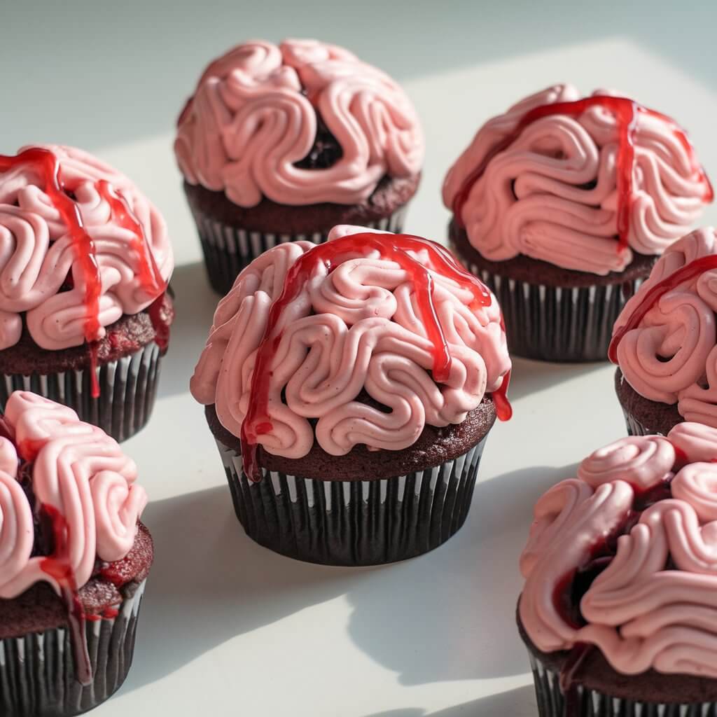 A photo of Halloween cupcakes styled as brains. The pink frosting is piped in thick, winding squiggles across the top to mimic brain folds. A drizzle of red gel oozes along the edges for a freshly munched effect. Some cupcakes are filled with jam for added "gore." The glossy frosting shines in natural light, emphasizing the brain-like ridges. The cupcakes are displayed on a bright plain white kitchen countertop, appearing creepy, playful, and ready for adventurous partygoers.