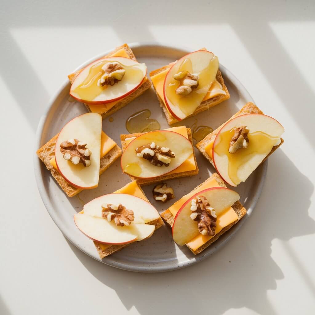A bright and inviting overhead shot of small, toasted baguette slices topped with sharp cheddar cheese, thin apple slices, and a drizzle of honey. A few crushed walnuts are scattered across the crostini for added texture and flavor. The image is taken in natural light. The crostini are placed on a bright plain white kitchen countertop, making the warm hues of the apples and cheese stand out against the clean, neutral backdrop. They are placed on a grey ceramic tray.