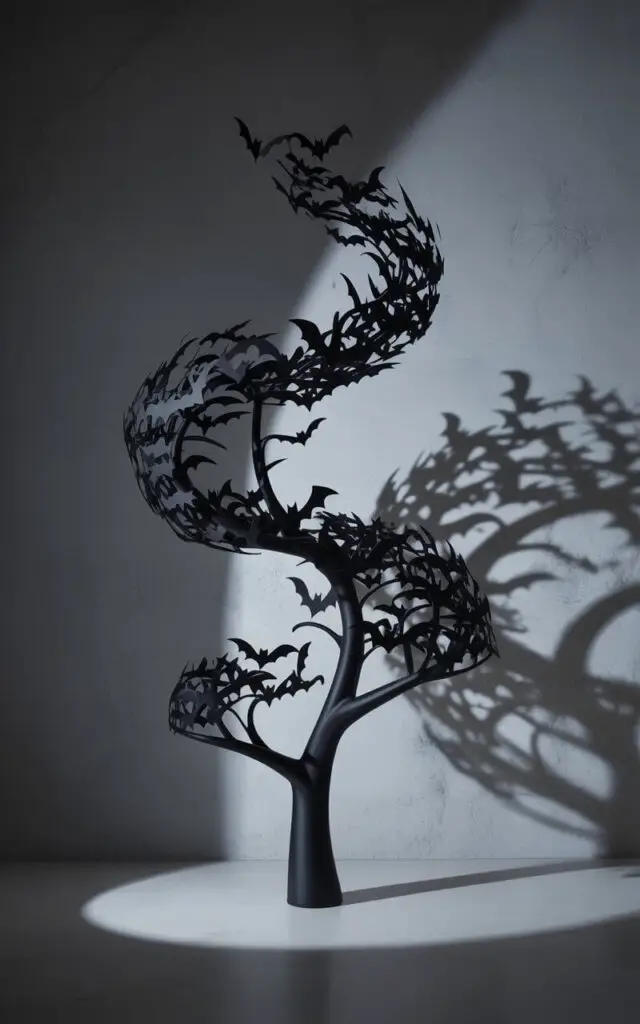 A dramatic, studio portrait photograph showcases a sleek matte black Halloween tree art installation reaching towards the upper frame. The tree’s branches are meticulously adorned with dozens of precisely cut black cardstock bat silhouettes spiraling upwards in a dynamic, mesmerizing pattern, creating a sense of swirling movement. A single, focused spotlight positioned below casts stylized, elongated wing-shaped shadows onto a dark gray, textured wall, enhancing depth and lending an eerie, theatrical quality to the scene. The background is a seamless gradient of charcoal gray, allowing the stark form of the tree and the elegant mystery of the ascending bats to remain the primary focus.