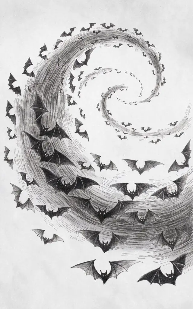 A pencil drawing illustration of a swirling colony of Halloween bats flying across the sky. The background is a plain white background. Each bat is rendered with clean, crisp wing shapes—some folded, others mid-flap—to convey motion. Their tiny bodies are shaded lightly, while wings feature thin inner lines suggesting leathery texture. The arrangement creates graceful circular movement, with bats overlapping in varying sizes for depth. Drawn in a simplistic style, the sketch balances elegance and energy, perfectly capturing the nocturnal rhythm of Halloween night.