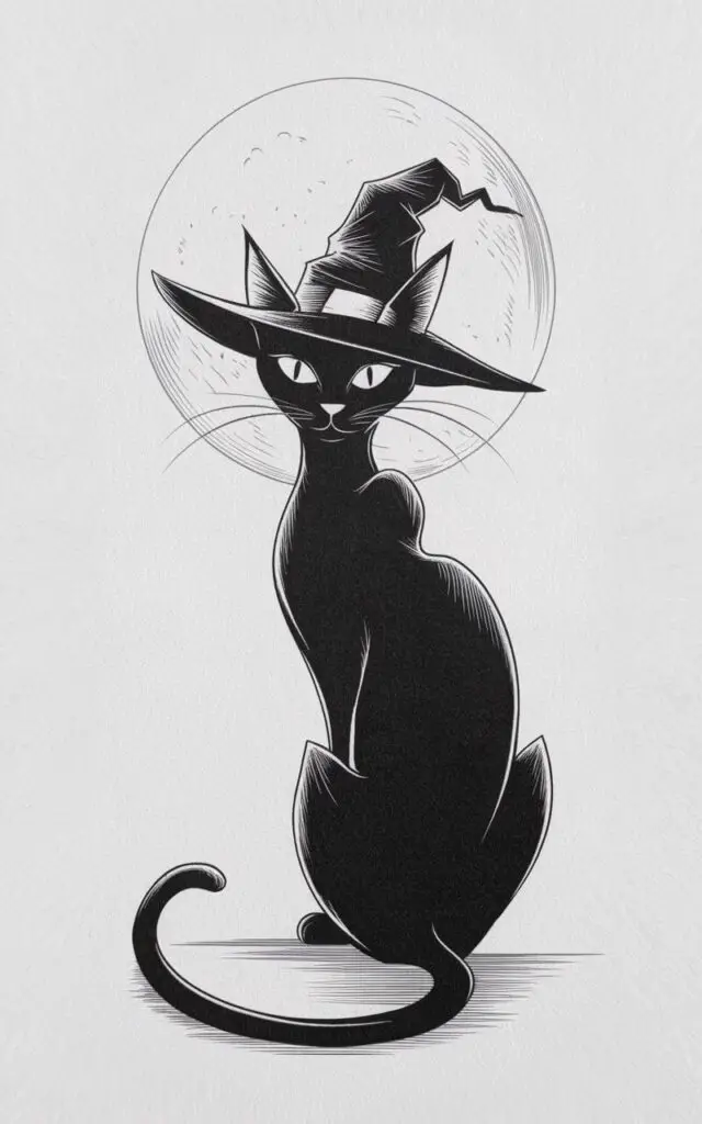 A minimalist, plain white background pencil drawing illustration of a sleek Halloween black cat wearing a witch's hat sitting under an imagined large moon. The cat’s silhouette is outlined in smooth, continuous strokes, emphasizing its elegant posture and curved tail. Its eyes, drawn as almond-shaped highlights, glimmer with quiet mischief. The fur texture is suggested with light, directional pencil strokes following the body’s contour. Its ears tilt slightly forward, adding personality and alertness. Drawn in a simplistic style, the piece relies on line precision and minimal shading to convey mystery and grace.