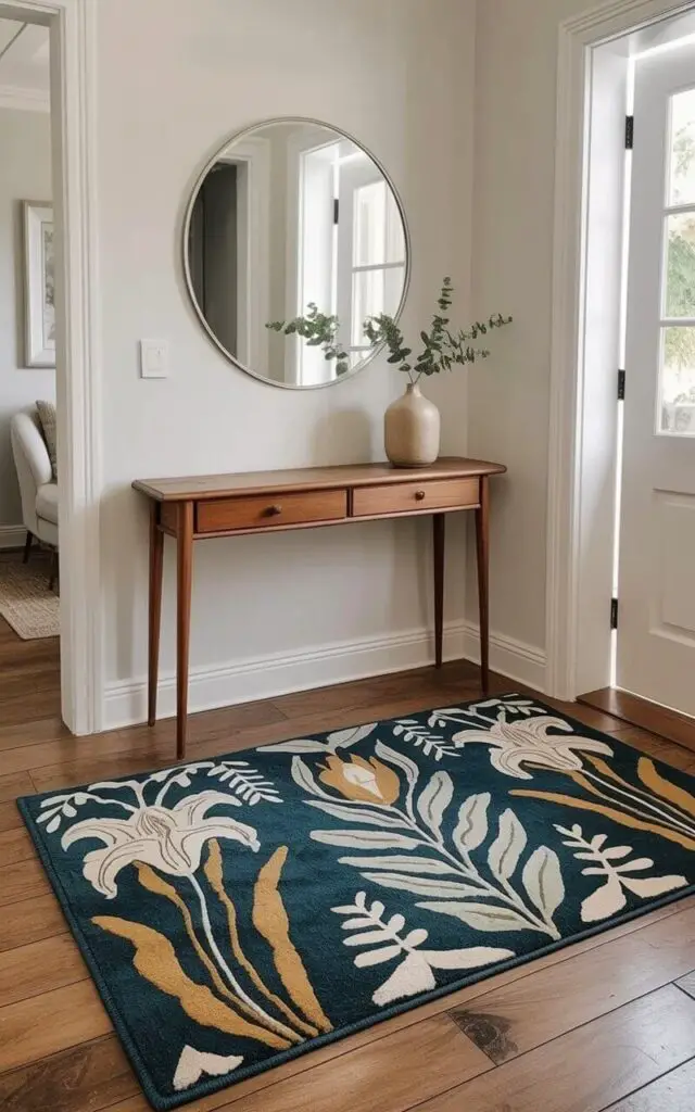 A large rectangular rug with oversized floral motifs in muted teal and mustard serves as the central feature of the entryway. The floral pattern includes stylized depictions of lilies, ferns, and abstract leaf shapes arranged across the rug's surface. A slim wooden console table with tapered legs sits against the plain white walls, supporting a ceramic vase holding a single sprig of eucalyptus. Above the console table, a large round mirror with a thin silver frame reflects the natural light streaming in from an unseen doorway.