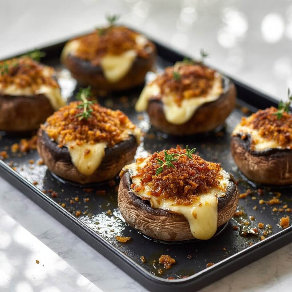 Large portobello mushrooms are generously stuffed with creamy brie cheese, with the melted cheese visibly oozing out from between the mushroom caps. The mushrooms are generously topped with golden-brown breadcrumbs and a delicate sprinkle of fresh thyme sprigs. The mushrooms sit on a black rectangular tray, which is placed on a bright, plain white kitchen countertop. The countertop extends to the background, with subtle reflections of light visible on its smooth surface.