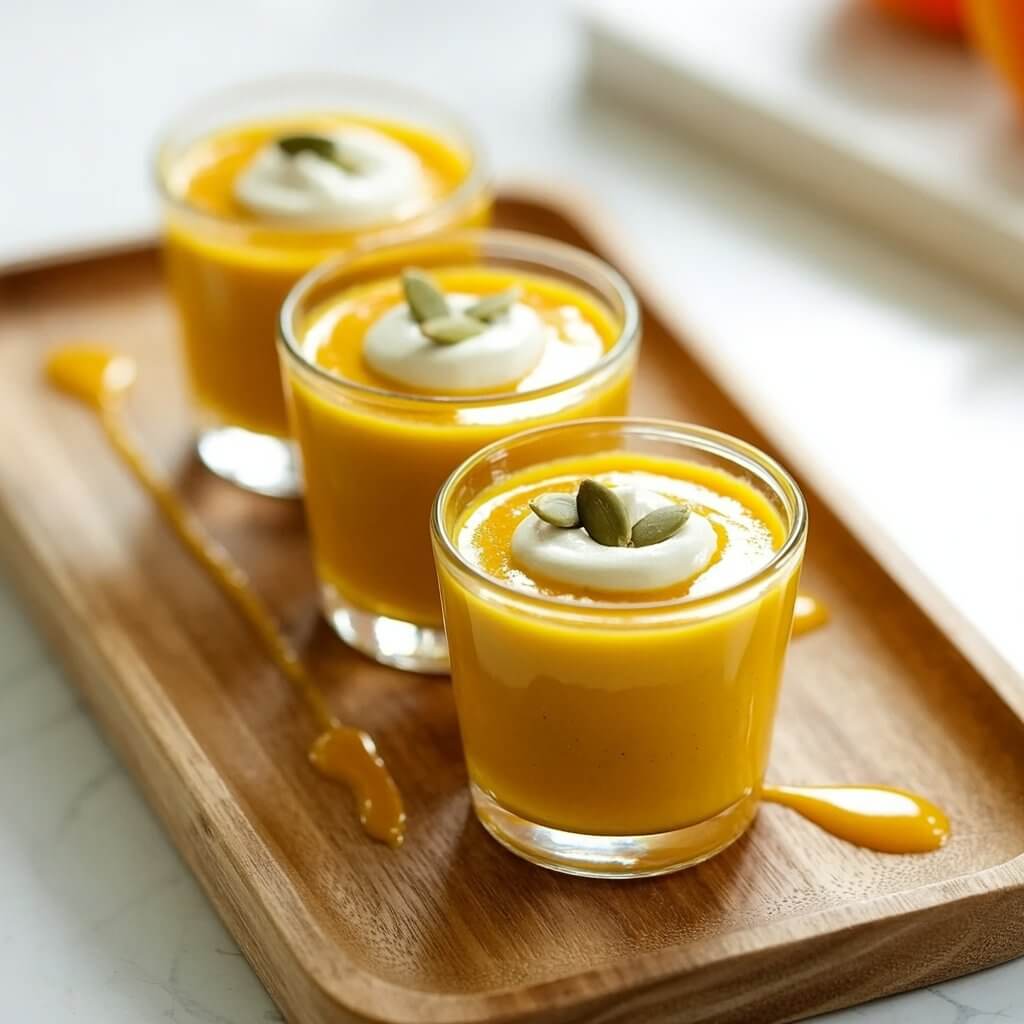 Four small, clear glass shot cups are filled with smooth, golden butternut squash soup, each topped with a delicate swirl of white cream and a sprinkling of three toasted pumpkin seeds. The cups are precisely aligned in a single row on a rectangular wooden serving board with visible grain patterns and slightly rounded edges. A few intentional drips of soup trail down the sides of the cups, contributing to a sense of realism. The wooden board sits on a bright, clean white kitchen countertop, reflecting the light and providing a stark contrast to the warm, autumnal colors of the soup.