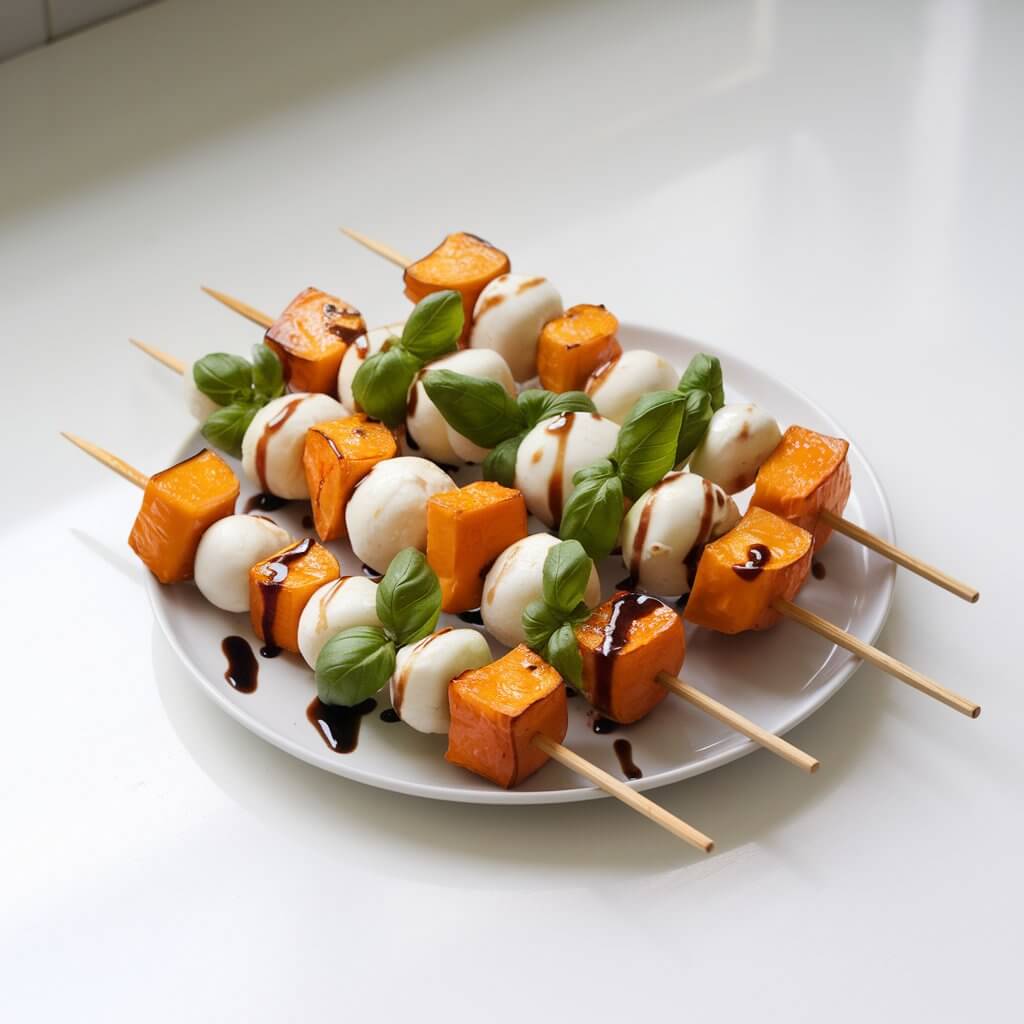 A vibrant photo of skewers lined with roasted butternut squash cubes, fresh mozzarella balls, and bright green basil leaves. A drizzle of balsamic glaze adds a glossy finish, and the ingredients are arranged artfully. The skewers are neatly placed on a white plate, with the contrasting colors of yellow, white, and green standing out in natural light. The plate is placed on a bright plain white kitchen countertop, providing a clean canvas that makes the fall-inspired Caprese skewers look even more appetizing.