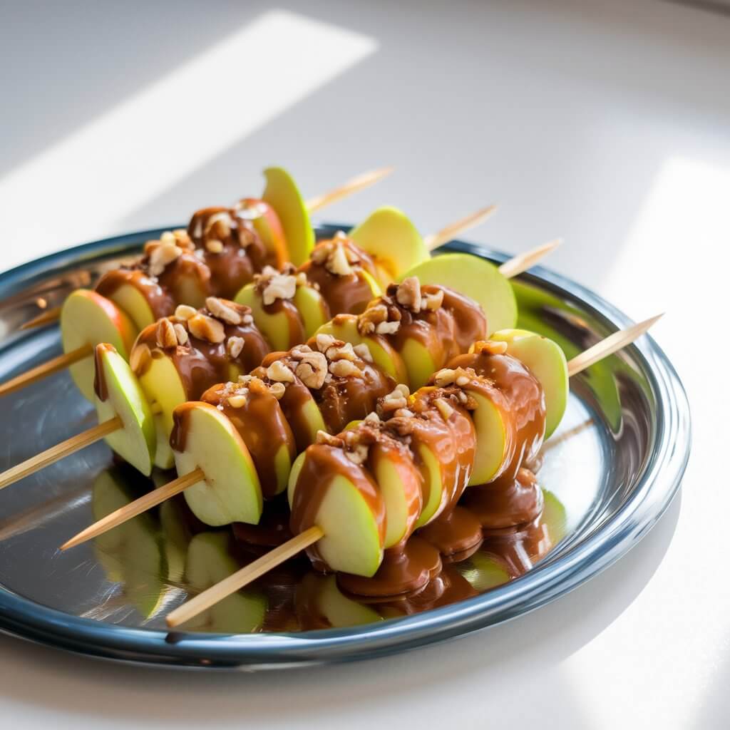 A playful shot of five skewers with crisp green apple slices drizzled in warm caramel sauce, topped with crushed nuts and a dash of cinnamon. The skewers are arranged in a try, and the caramel glistens in the light. The natural light accentuates the glossy sheen of the caramel and the bright green apples. The skewers are placed on a bright plain white kitchen countertop, allowing the vibrant colors and textures of the apples and caramel to pop against the clean, neutral background. They are placed on a large shiny dark blue tray.