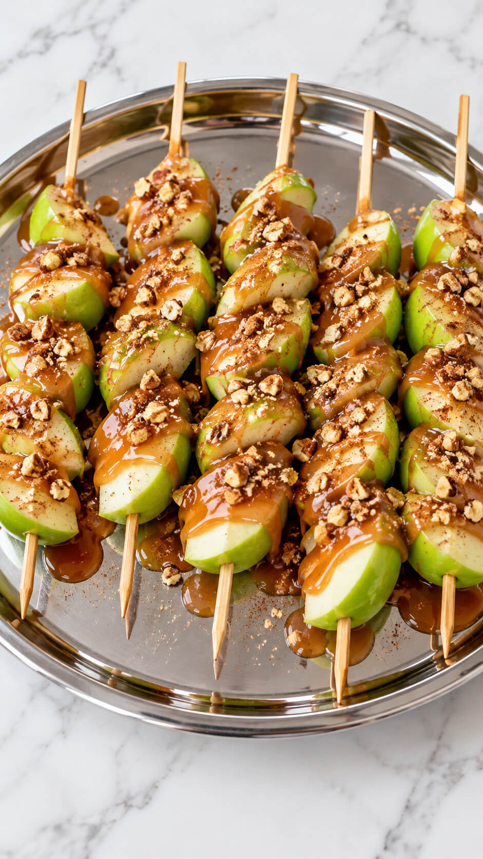 Caramel Apple Skewers on Silver Tray