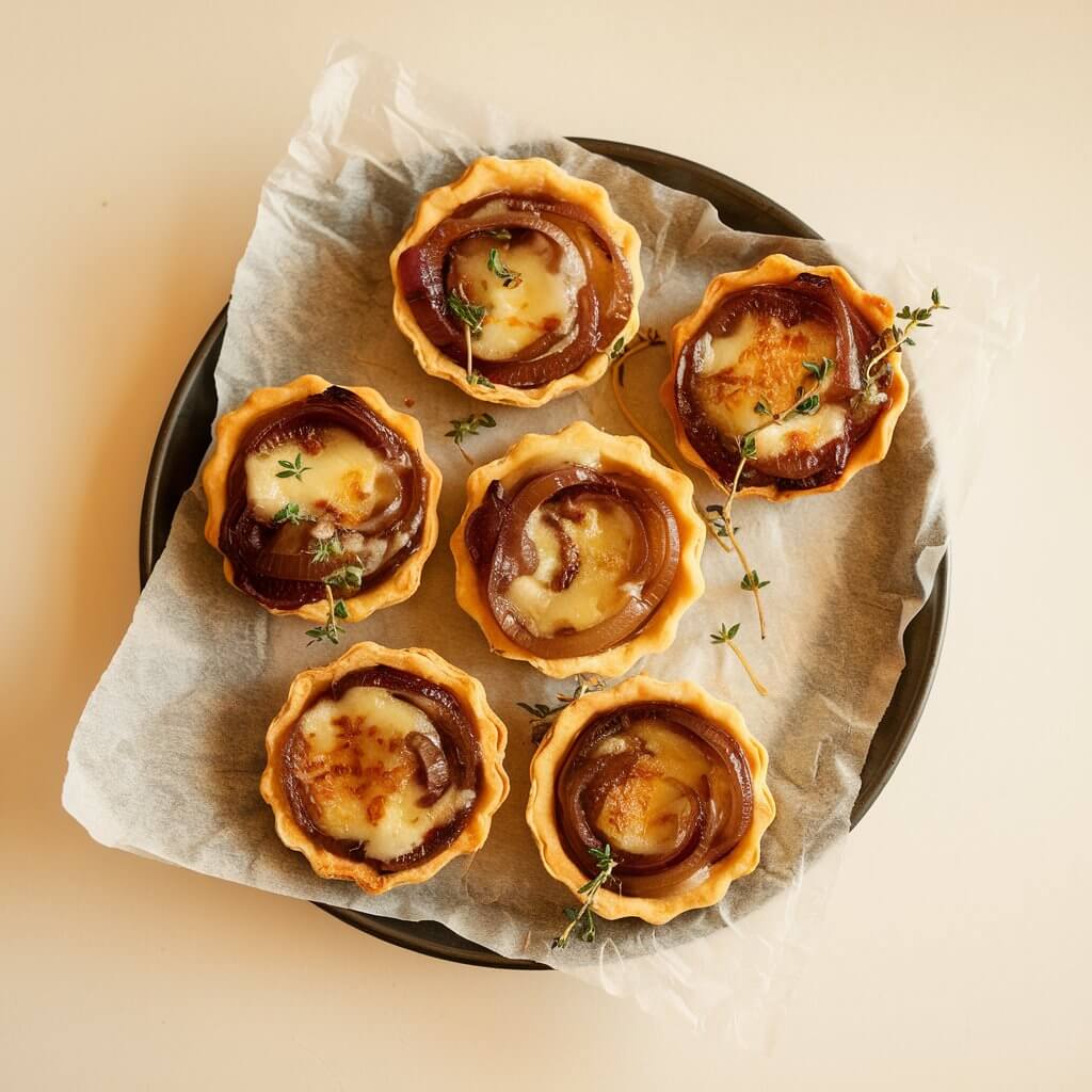 A beautifully styled image of bite-sized tartlets filled with glossy, caramelized onions and melted Gruyère cheese. The appetizers are garnished with tiny thyme leaves and arranged casually on a parchment-lined tray for a rustic look. The shot is illuminated with warm natural light, enhancing the golden pastry edges and rich brown onion filling. The tray is placed on a bright plain white kitchen countertop, providing a clean, elegant backdrop that emphasizes the food's warm tones.