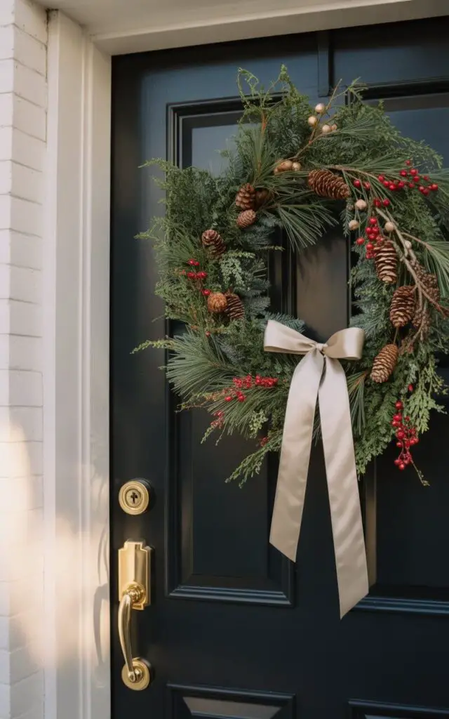 A photograph of an elegant minimalist Christmas front porch featuring a sleek black door adorned with a carefully arranged pine swag. The door showcases a polished gold handle and matching keyhole, while the lush swag combines fresh cedar branches, natural pinecones, and clusters of bright red berries, all elegantly bound with a wide ivory satin ribbon. The door is framed by crisp white walls and illuminated by subtle warm lighting that casts gentle shadows, creating depth without overwhelming the clean composition. The overall scene embodies sophisticated holiday decorating where natural textures and restrained color palette create a refined, modern Christmas aesthetic.