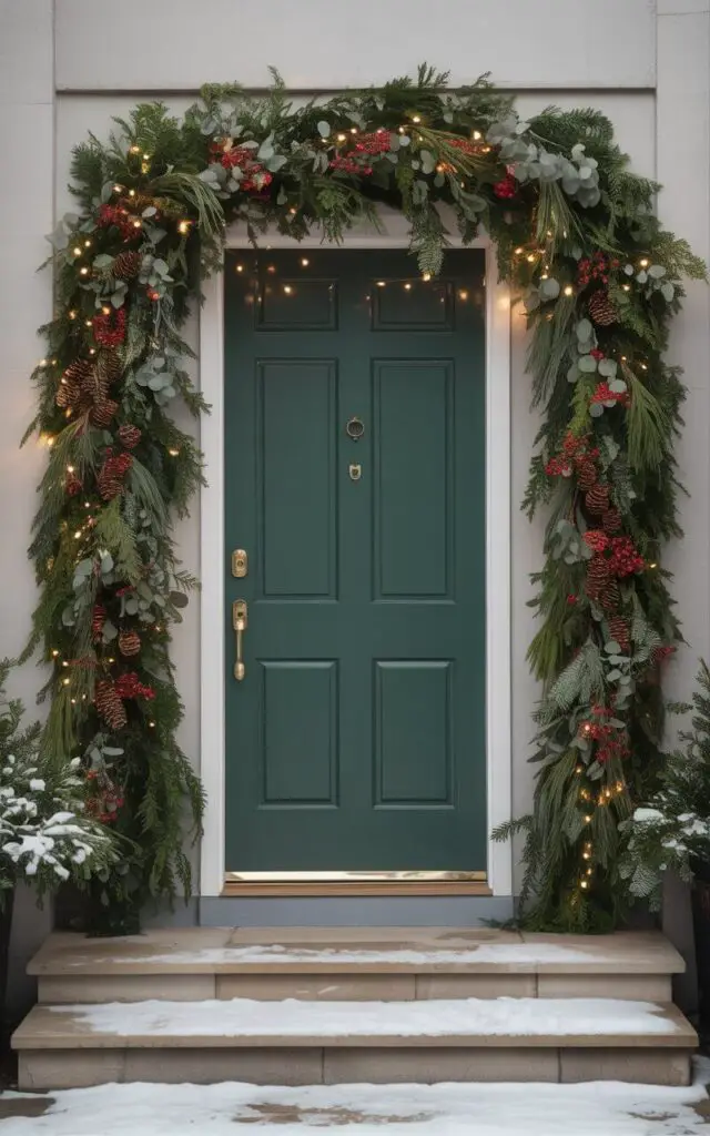 A photograph of a minimalist outdoor Christmas front porch featuring a charming doorway framed by a thick, lush garland of pine, cedar, and eucalyptus branches. The abundant garland glimmers softly with warm white string lights woven throughout, dotted with vibrant red berries and natural pinecones that add rustic texture and seasonal charm. The front door is painted in a rich forest green with a polished brass handle and keyhole that catch and reflect the gentle glow of the twinkling lights. Delicate snow dusts the clean stone steps leading to the entrance, while the surrounding walls remain pristine and unadorned, creating an elegant backdrop that emphasizes the sophisticated restraint of minimalist holiday design.