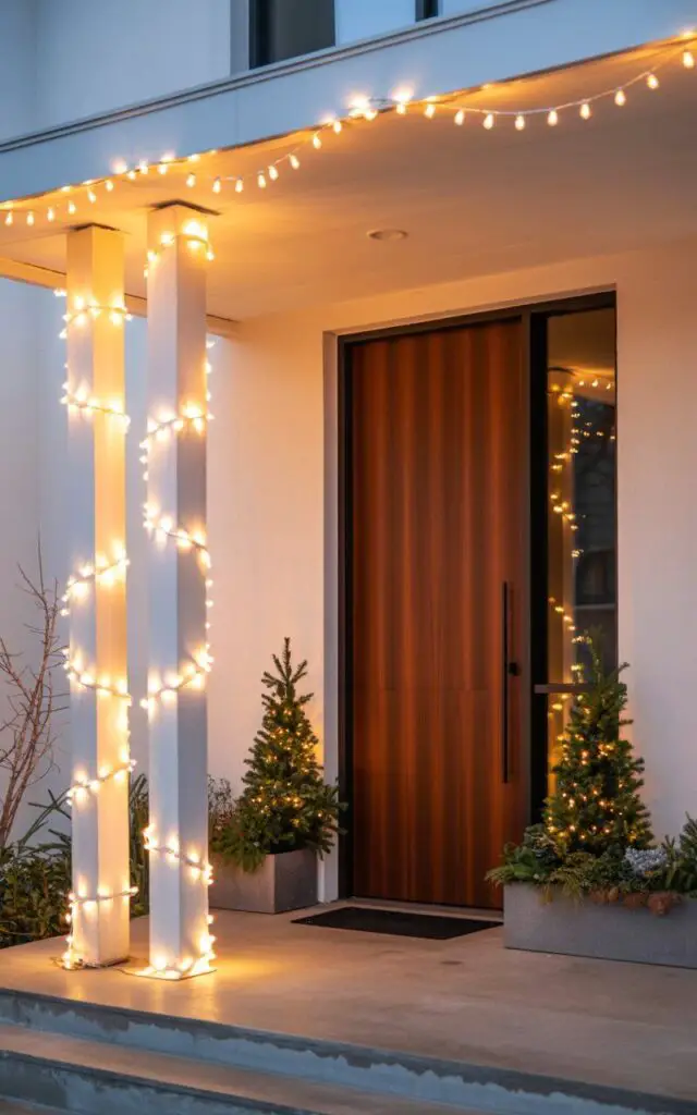 A photograph of a modern minimalist Christmas front porch bathed in the soft glow of warm white string lights. The lights elegantly trace the clean roofline and spiral around slender white columns, casting gentle golden pools of light across the polished concrete flooring. A rich walnut brown front door with sleek black hardware serves as the focal point, its smooth surface reflecting the ambient lighting while flanked by simple evergreen garlands and geometric planters containing winter greenery. The overall scene captures a serene holiday atmosphere with crisp architectural lines, creating a sophisticated balance between festive warmth and contemporary design elegance.