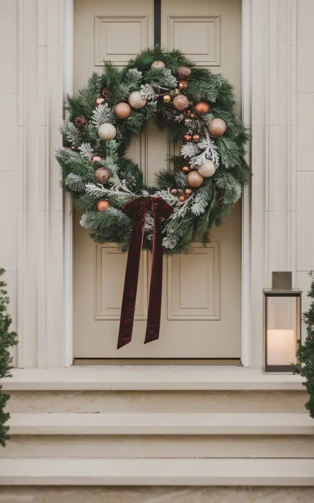 A minimalist Christmas front porch with a beige door and a striking circular wreath made of fresh evergreens, frosted branches, metallic ornaments, and a wide velvet ribbon. The wreath is hung on the door. There are smooth stone steps leading up to the door. A nearby lantern casts a soft, warm light on the greenery. The setting is simple yet elegant, with a hint of snow, creating a perfectly balanced holiday atmosphere rooted in minimalist sophistication.