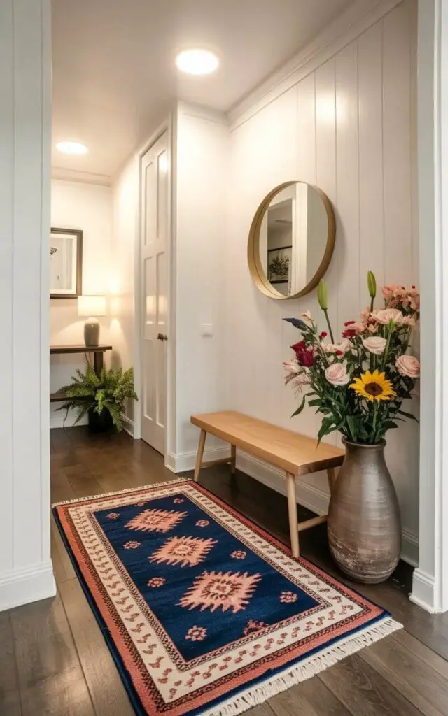 A cobalt blue and coral rug with a geometric pattern covers the center of a rectangular entryway. A simple wooden bench with a light oak finish sits against the far wall, and a round mirror with a gold frame hangs directly above it. A tall ceramic vase filled with a variety of colorful flowers, including roses, lilies, and sunflowers, rests on the floor beside the bench. White walls surround the space, and a small console table with a single lamp sits against the opposite wall, partially obscured by a potted fern.