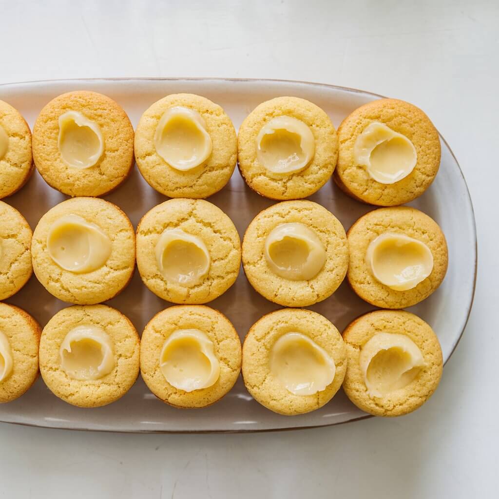 An overhead shot of fluffy cornbread mini muffins placed in a neat row on a white ceramic plate. Each muffin is golden and slightly cracked, with a dollop of honey butter melting gently on top. The soft natural light brings out the warm golden hues of the cornbread and the creamy texture of the honey butter. The plate of muffins is placed on a bright plain white kitchen countertop, making the food pop with its inviting, rustic charm against the clean white backdrop.